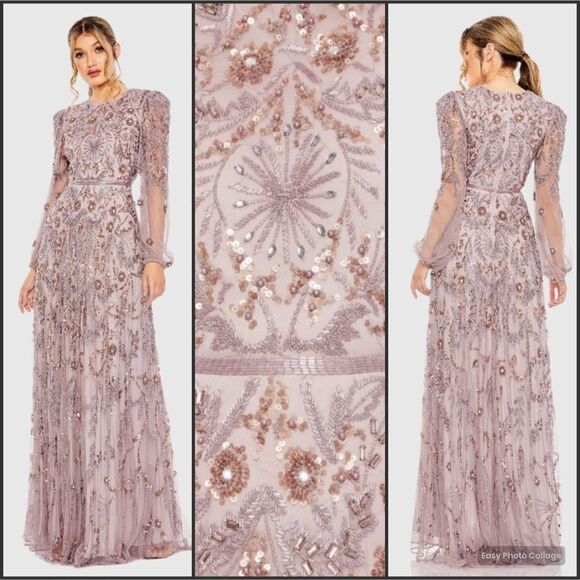 MAC DUGGAL $798 93930 Purple Puff Sleeve Embellished A Line Gown Dress - Picture 1 of 14